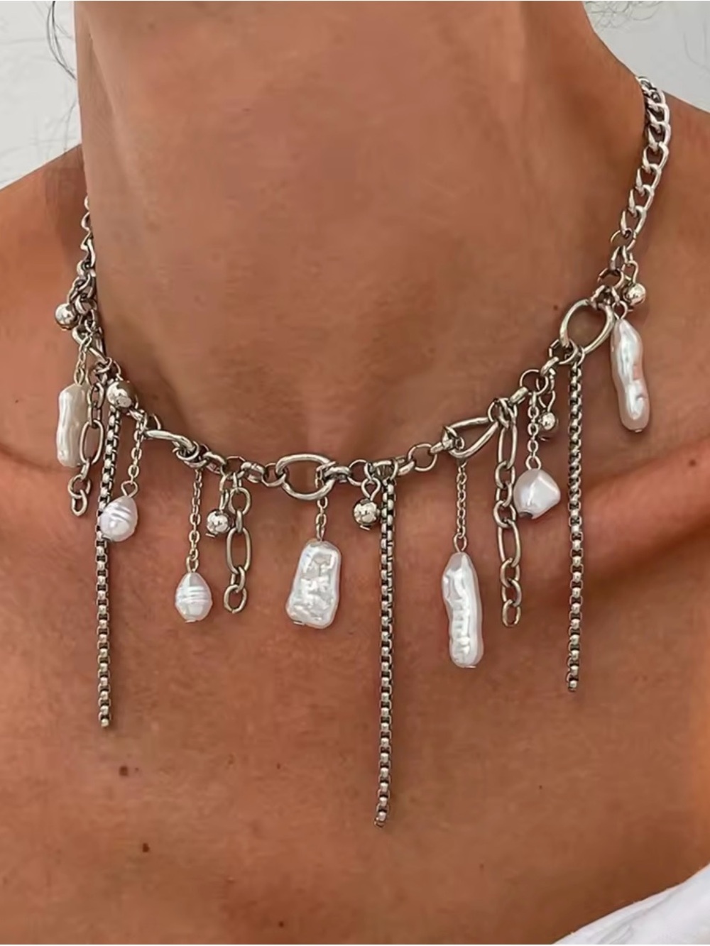Silver Tone Pearl Charm Tassel Choker Necklace Mixed Chain Statement Jewelry